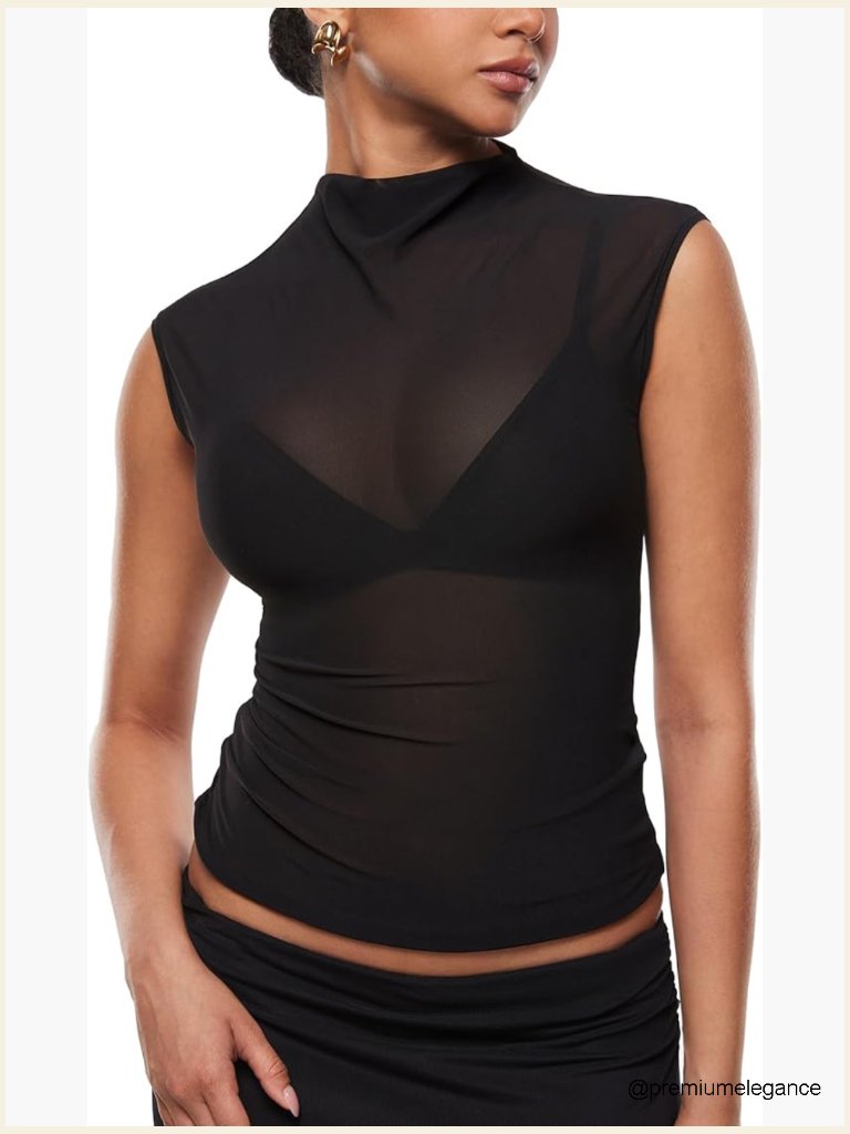 Sheer Mesh Mock Neck Tank Top - Sleeveless Sexy Going Out Top
